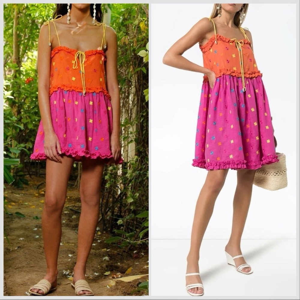 NWT All Things Mochi Pink Orange Nia Tiered Embroidered Linen Ruffle Dress Sz XS